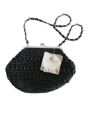 Cappelli Straworld Black Raffia Woven Beaded Chain Strap Shoulder Bag Purse NWT